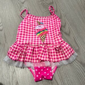 Flapdoodles gingham unicorn ice‎ cream tulle peplum one piece swim suit 2T